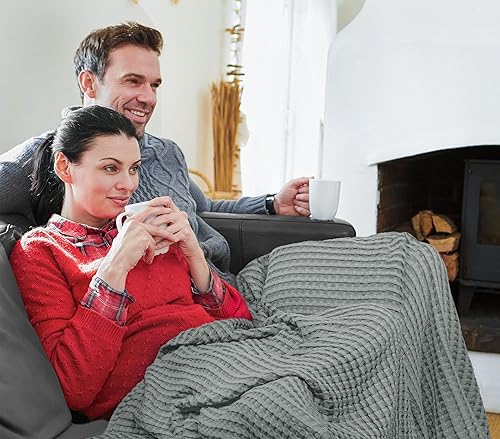 Miniatura 6 de Utopia Bedding Manta de punto gofre de algodón de 300 GSM (gris frío, 90 x 90 pulgadas), suave, ligera, transpirable, tamaño Queen, para cualquier