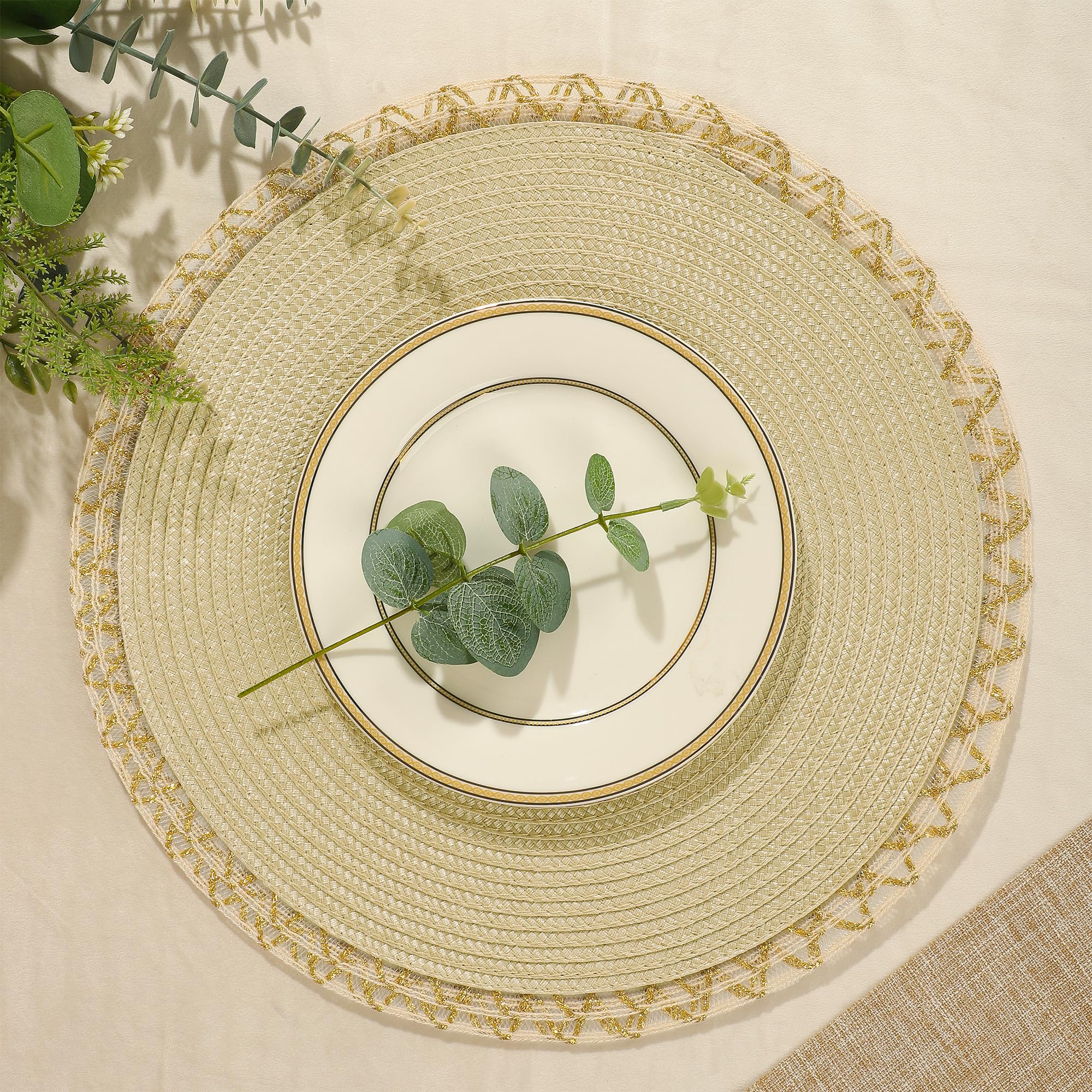 fanquare Round Placemats Set of 6 Beige Braided Place Mats with Gold Lace Border Durable Heat Resistant Non-Slip Table Mats for Dining Decoration 34cm - Image 4