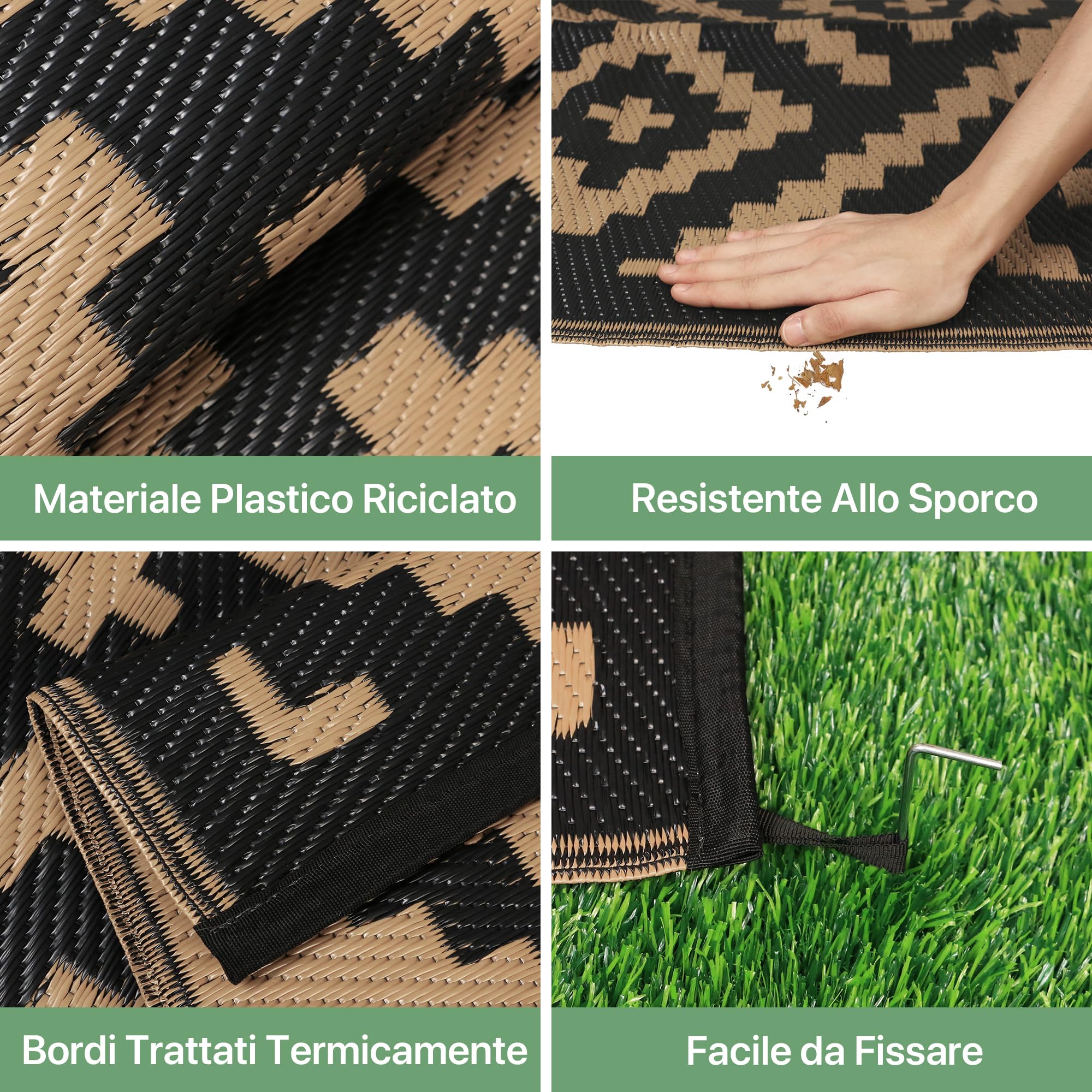 GENIMO Tappeto Outdoor 9x12 ft Impermeabile Reversibile Pieghevole Antivento con Picchetti per Terrazzo Giardino Camper Balcone - Nero Marrone
