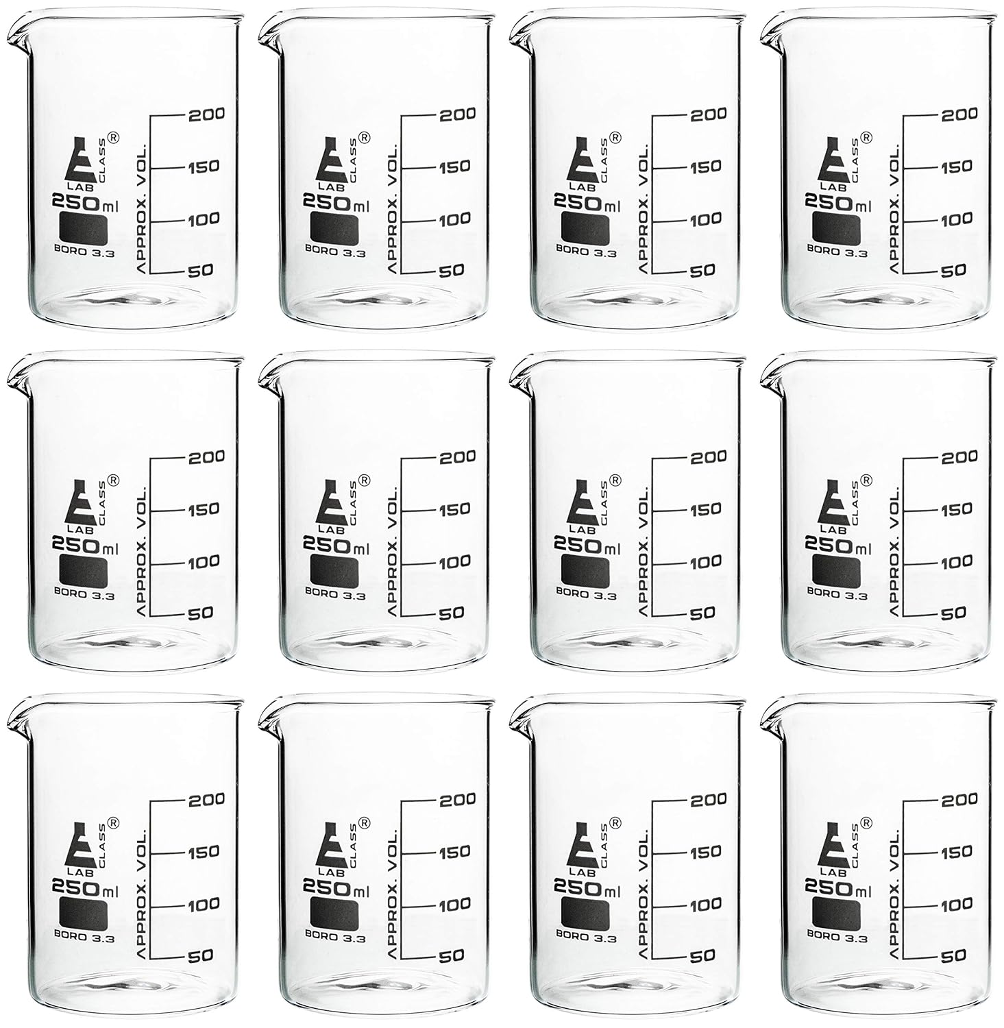 EISCO Premium 250 mL Beakers, Pack of 12 - Low Form Griffin - 50mL Graduations - Borosilicate Glass - Excellent Strength Against Breakage