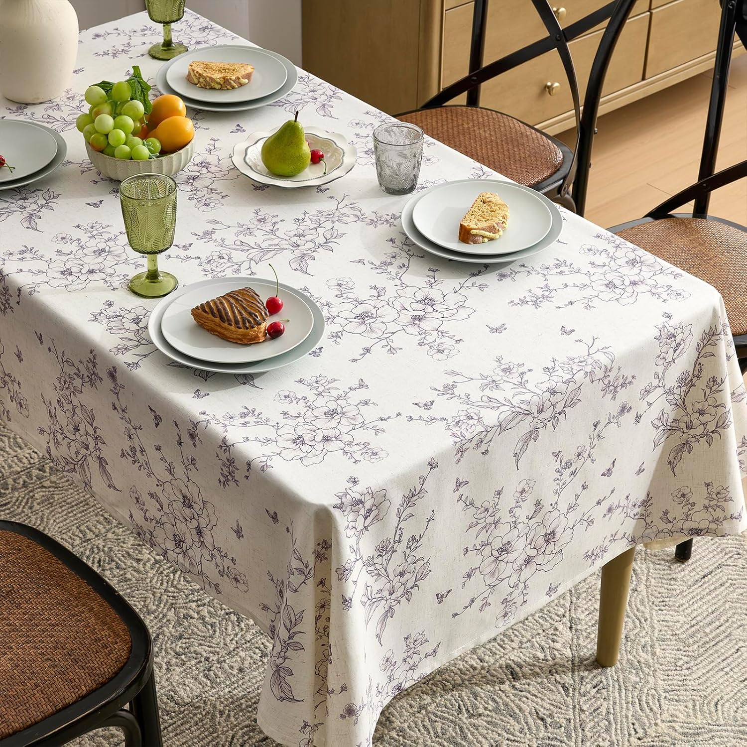 Rustic Linen Rectangle Tablecloth 55x84 Inch Floral Table Cloth with Purple Flowers Pattern Burlap Textured Farmhouse French Vintage Outdoor Table Cover for Picnic,Dining,Party,Home Decor - Image 5