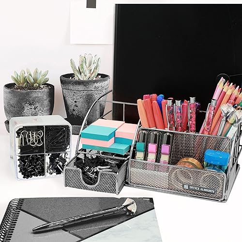 Miniatura 7 de Organizador de escritorio negro para hombres: exclusivo organizador grande de suministros de metal brillante 6 en 1 con soportes para bolígrafos,