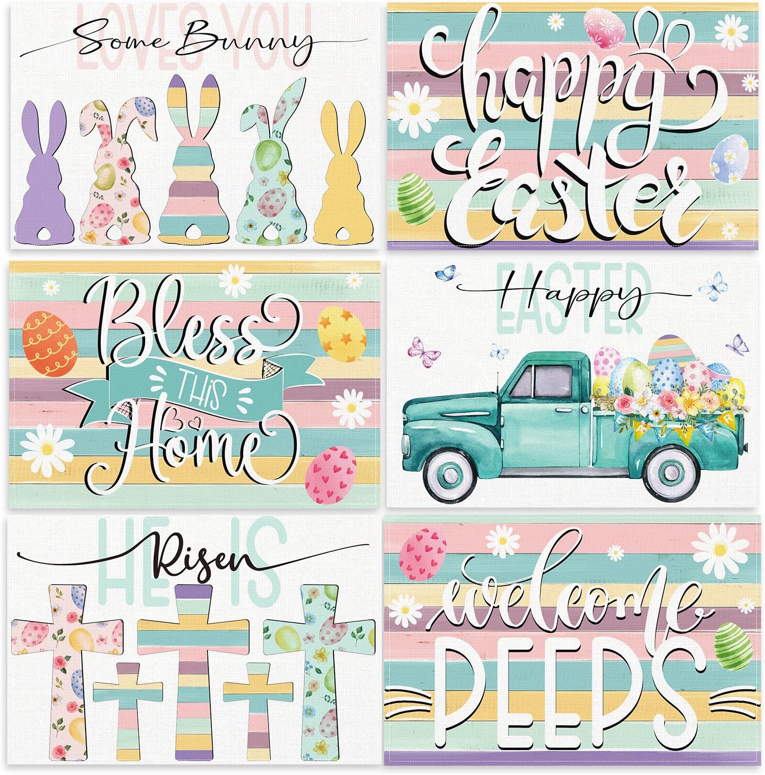 Domensi Easter Placemats Set of 6, 12x18 Inch Bunny Table