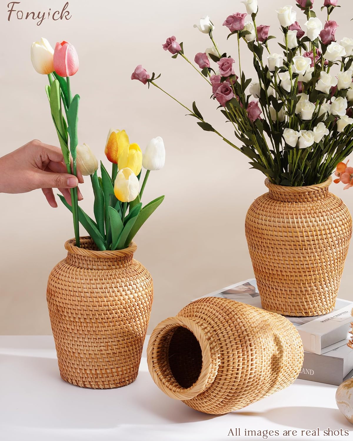Rattan Vase, Small Braided Boho Vases for Pampas Grass & Flower Arrangement, Hand Woven Vases Decor, Rustic Farmhouse Round Wicker Vase Basket for Centerpieces,6" D x 8" H, Brown