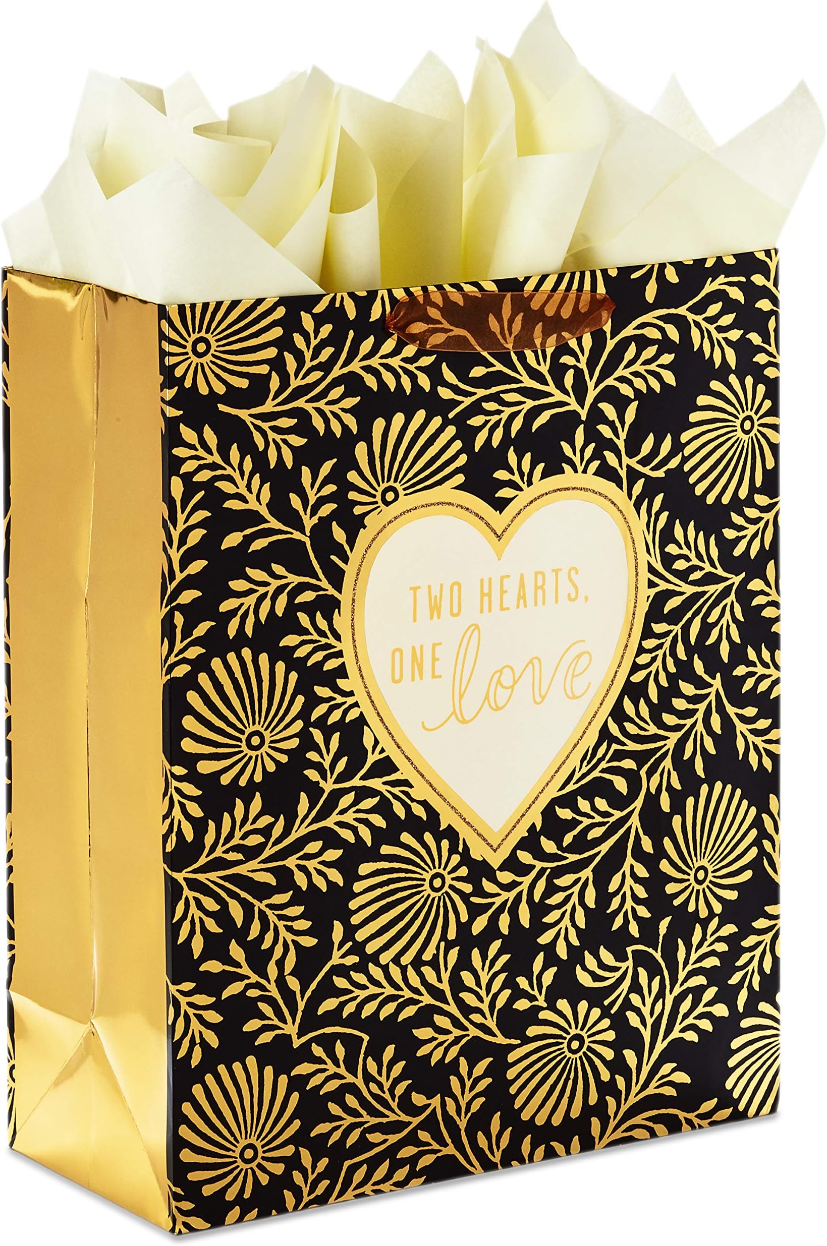 Hallmark 15" Extra Large Gift Bag with Tissue Paper ("Two Hearts, One Love" Black and Gold) for Weddings, Anniversaries, Engagements, Valentine's Day