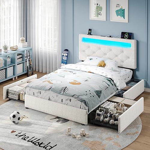 Miniatura 2 de Rolanstar Base de cama individual con 4 cajones de almacenamiento y estación de carga, cama individual con luces LED, 2 USB y 1 tipo C, cabecera