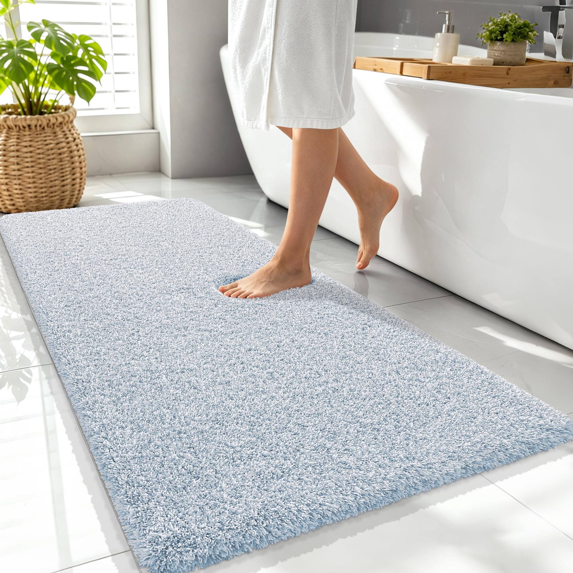 OLANLY Microfiber Bathroom Rugs 47x24, Quick Dry Mat, Airy Blue and White