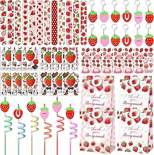 Strawberry Party Favor 72 PCS Sweet Berry Slap Bracelets DIY Stickers Temporary Tattoos Keychain Plastic Straws Gift Bags for Kids Girls Birthday Party Baby Shower Summer Fruit Goodie Bag Fillers