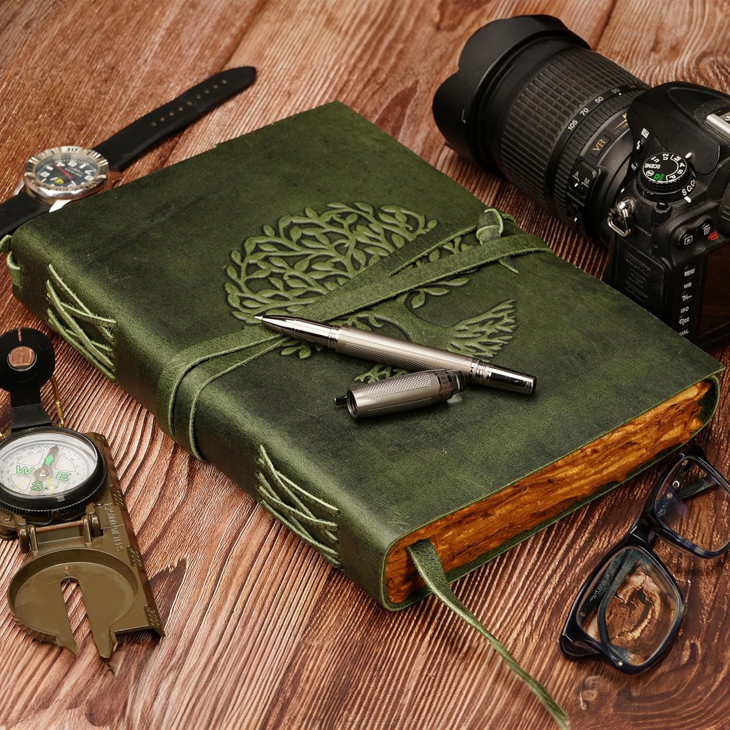 Tree Of Life Leather Journal for Women and Men, Handcrafted Leather Journal for Writing Womens, Sketchbook, Travel Diary with Unlined Deckle Paper, Dark Green 7x10