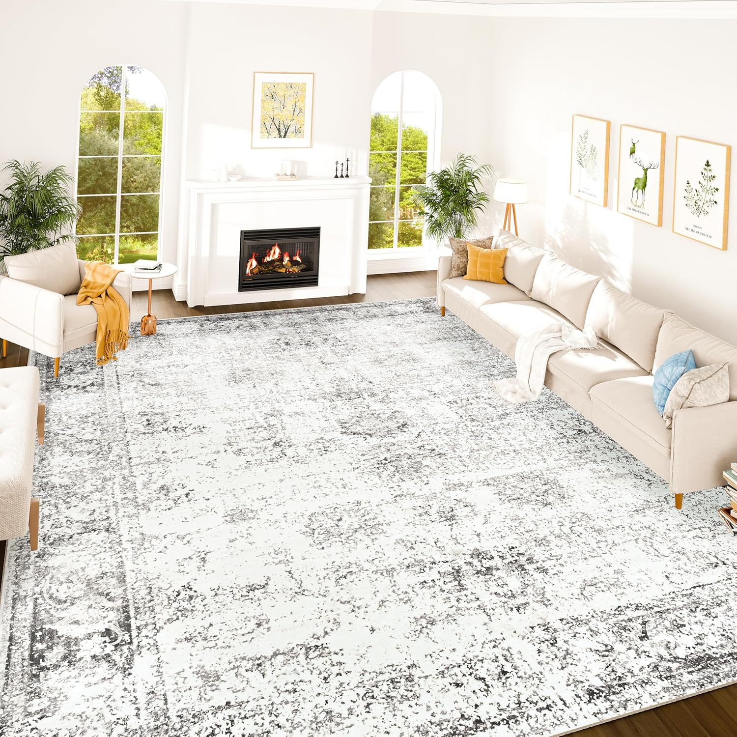 Istana Living Room Rug 10x14 - Grey & White Cream 10 x 14 Area Rug - Foldable Machine Washable Area Rugs 10x14 10x14 Area Rugs Boho - Stain Resistant Washable Rug 10x14 10X14 White Cream / Grey