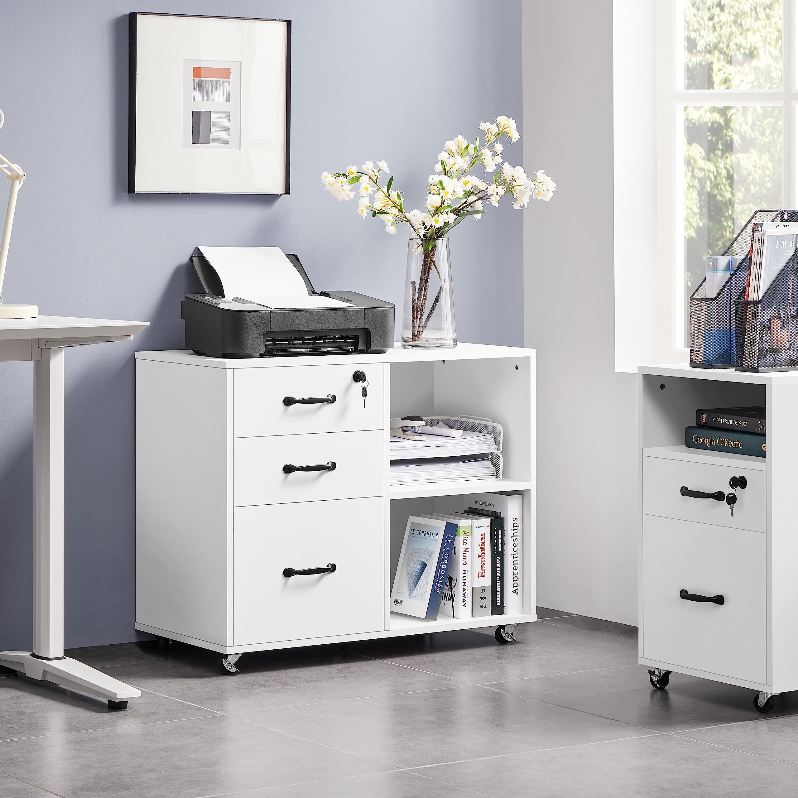 Yaheetech Caisson de Bureau à 3 Tiroirs, Support Imprimante sur 5 roulettes Mobile, 1 Tiroir verrouillable, 2 Compartiments, Dossier de Format A4 ou Lettre, Blanc
