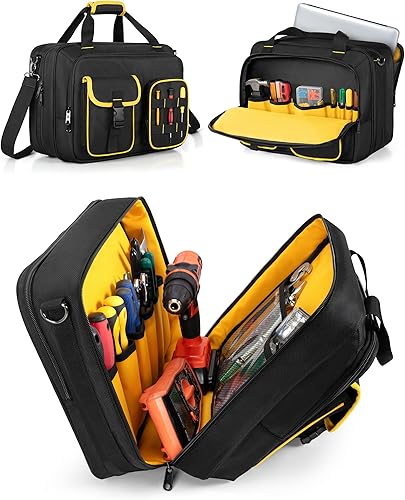 Bolsa de herramientas para electricista con funda para laptop, bolsa de herramientas con múltiples bolsillos para técnicos, color negro