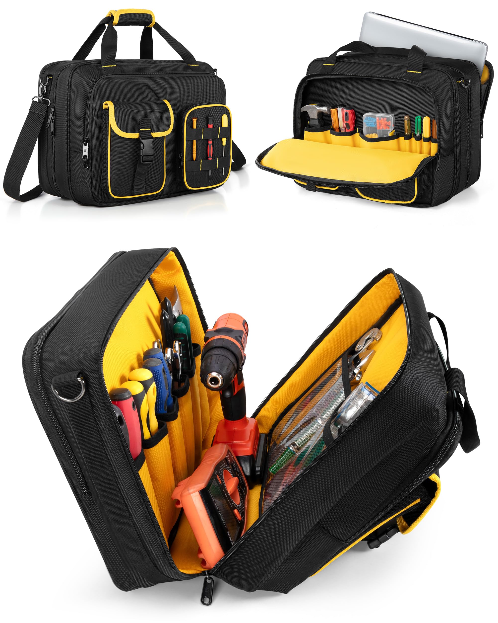 Marscamd Electrician Tool Bag with Laptop Sleeve Tool Tote with Multiple Pockets for Technicians Black