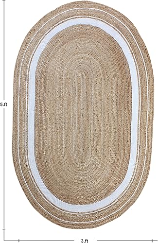 Miniatura 3 de Geometric Collection - Alfombra ovalada de 2.6 x 4 pies, beige y blanco natural, yute de tejido plano hecho a mano, 0.27 pulgadas de grosor, ideal