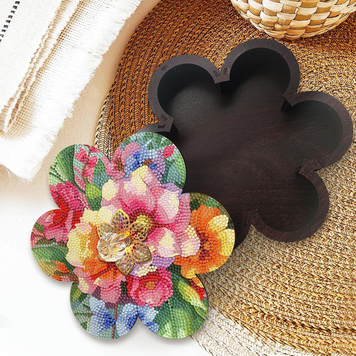 DIY 5D Beautiful Flowers Diamond Painting Storage Box Kits Crystal Diamond Art Flower Shape Wooden Box Storage Holder Case Decorative Cover Jewelry Organizer for Women Gifts Desktop Decor image 3