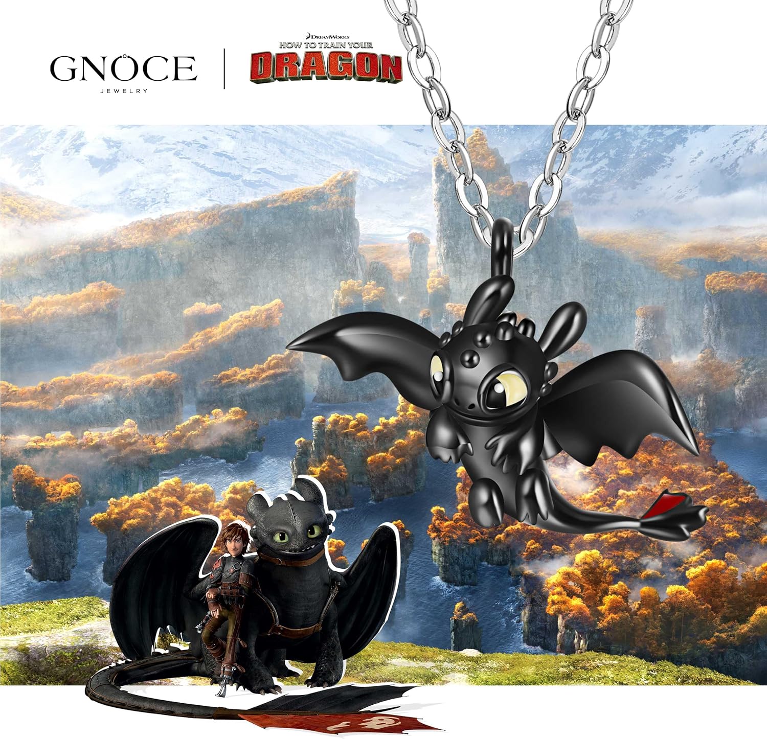 GNOCE How to Train Your Dragon Toothless Flapping Wings Pendant Necklace for Women, S925 Sterling Silver Pendant Necklace for Women Wife, Valentine‘s Day, Mother’s Day Jewelry (Toothless)