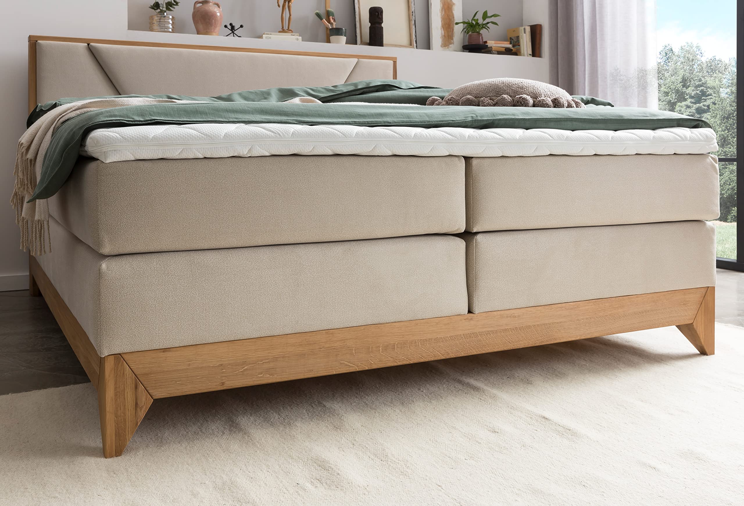 Belanoti Riviera Boxspringbett 180x200 Eiche 7-Zonen Taschenfederkern Matratze inkl Visco Topper Bett 180x200 in der Farbe Beige H2/H3 Polsterbett Hotelbett mit Massivholz Eiche Massivholzbett