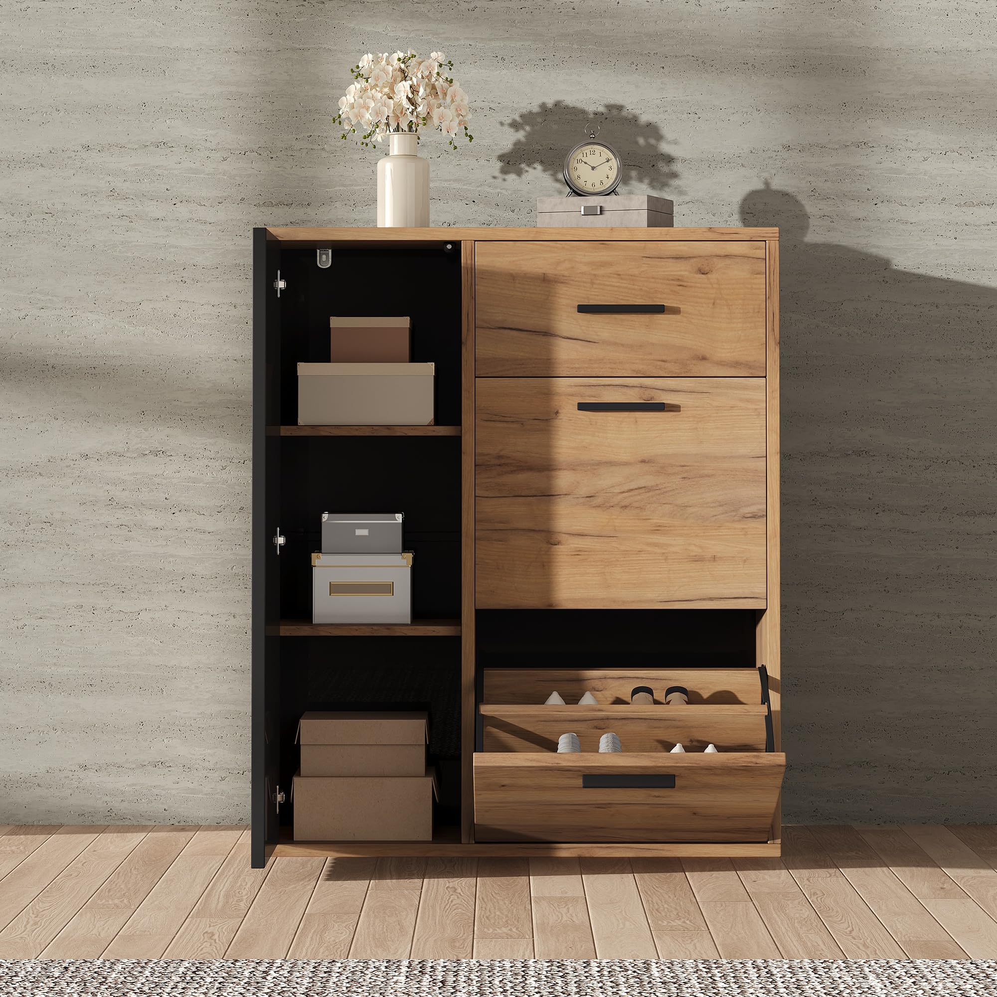 80 × 24 × 95,5 cm, zapatero moderno con estantes ajustables, tiradores negros, 1 cajón y 1 puerta, zapatero multiusos, zapatero en el pasillo (natural+negro)