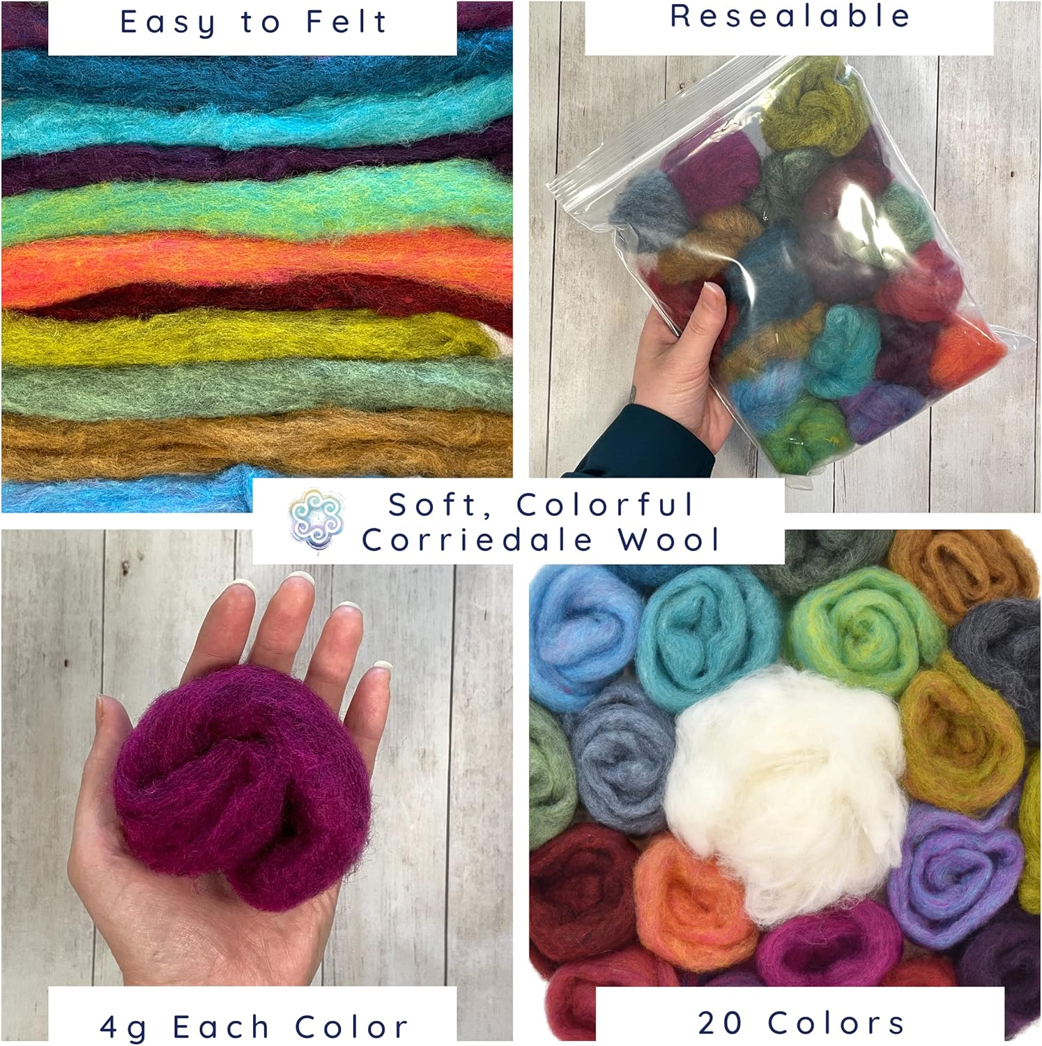 Living Dreams Yarn Premium Needle Felting Starter Kit Includes 20 Variegated Wool Colors, 50 Needles and Tools, Text and Video Guide. Craft Kit for Beginners, Adults - Colorful Corriedale