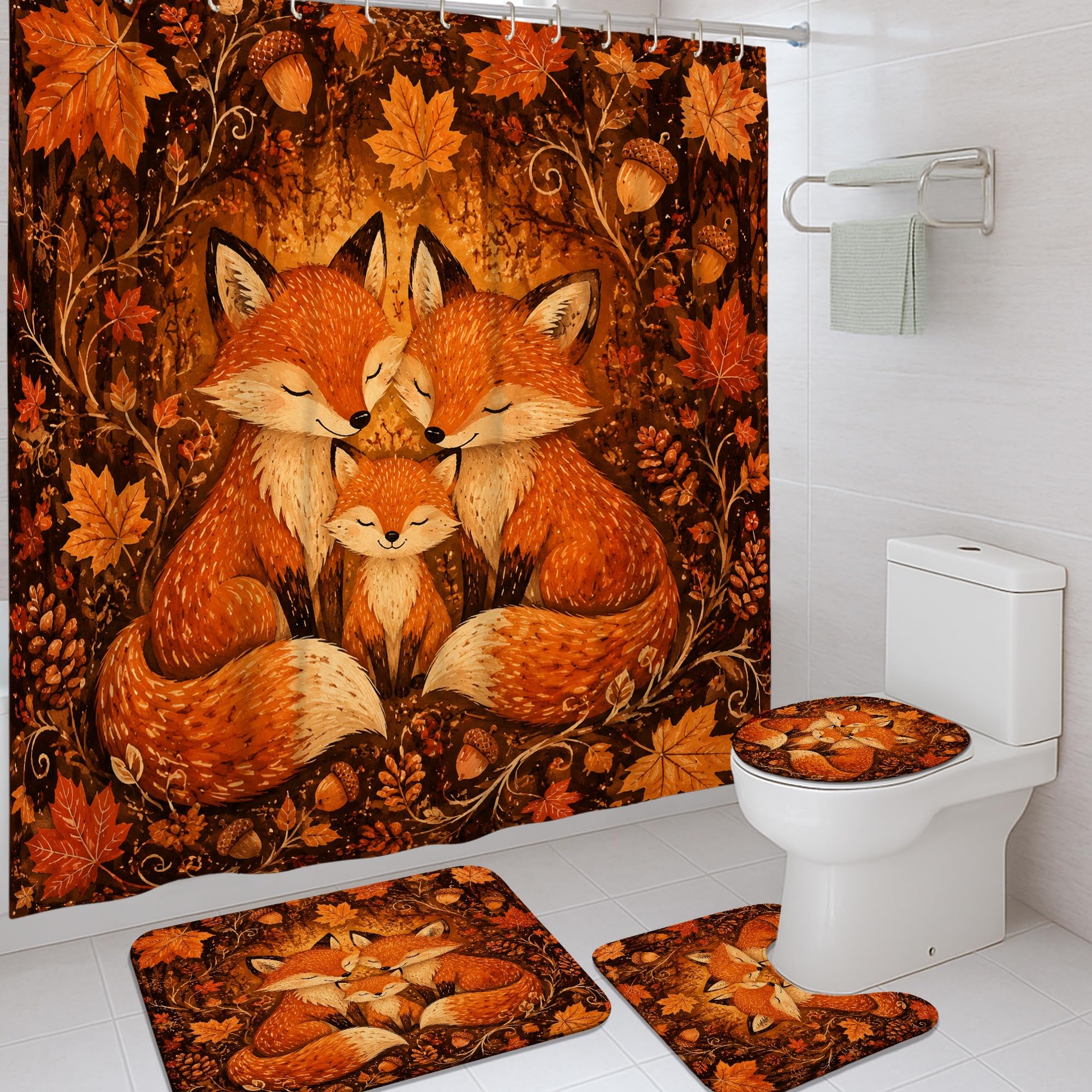 Rideau de douche renard et feuilles automne orange en tissu 183x183 cm