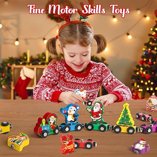 Miniatura 3 de Vanmor Juego de tren de Navidad para niños pequeños, juguetes de tren a presión para pistas de madera, trenes magnéticos para vacaciones, juguetes