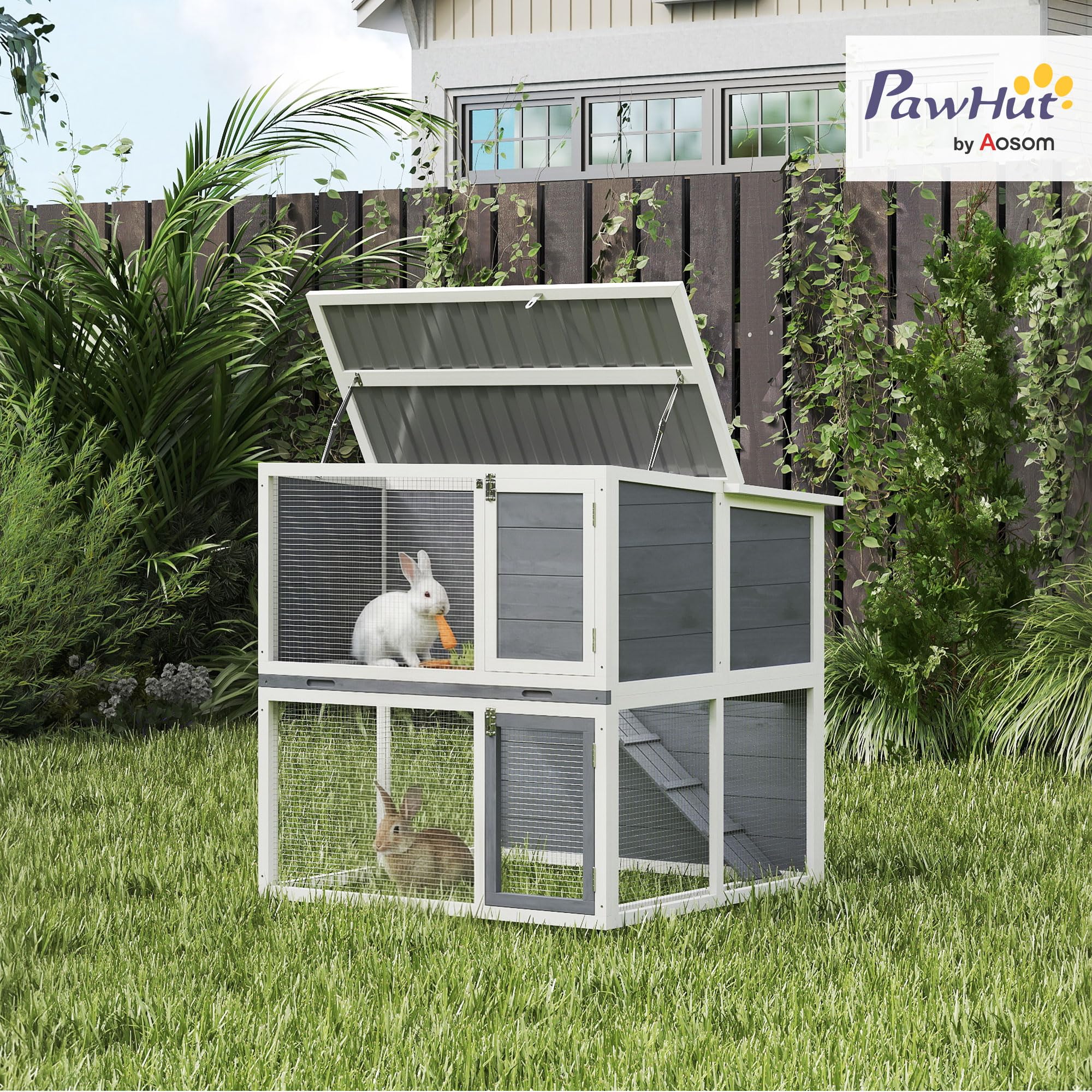 PawHut Portaconiglio esterno a 2 piani - spaziosa gabbia per coniglio in legno con tetto a doppia apertura, recinto e vassoio rimovibile - capannone antiintemperie per 2-4 conigli, 98 x 95 x 102,5 cm