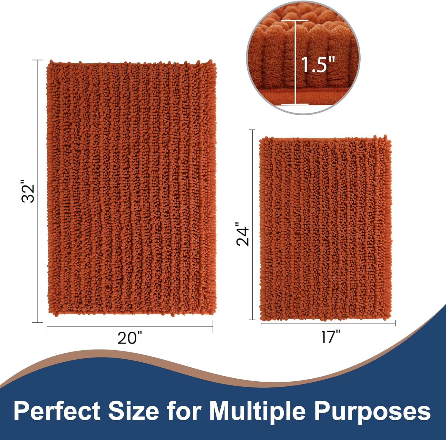 FLOLEOPA Luxury Chenille Burnt Orange Bathroom Rugs Bath Mats Sets, Extra Soft and Absorbent Bathroom Rugs Non Skid Machine Wash Dry Bath Mats（32"x20" Plus 17"x24"） - Image 2