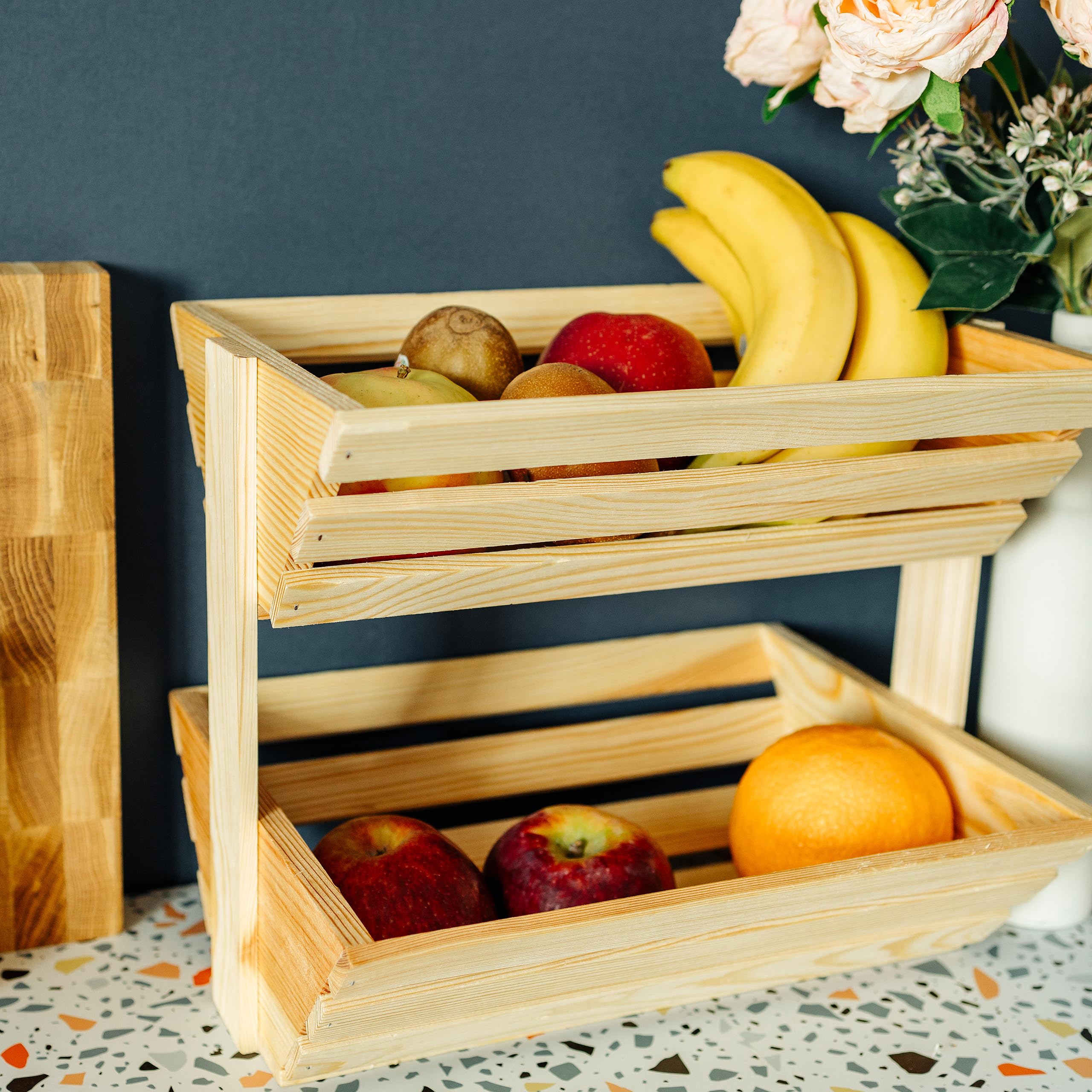 Creative Home Frutero Cesta de Frutas de Dos Niveles de Madera | 36x28x30 cm | Madera Aceitada | Soporte Universal Funcional para Almacenaje y Exhibición | Frutas Verduras Snacks | Cocina Comedor