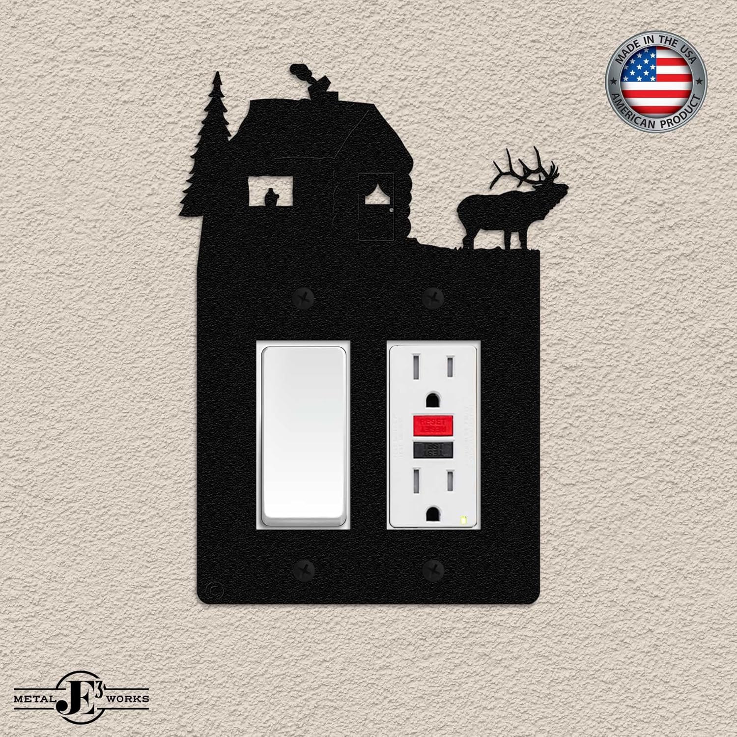 Elk & Cabin Double Gang Light Switch Wall Plate (Double Rocker (GFCI), Black) - MADE IN USA