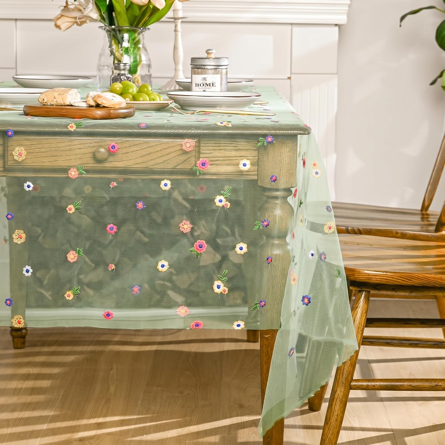 Horaldaily Sage Green Embroidery Floral Tablecloth, 60×140 Inch Rectangular image 4
