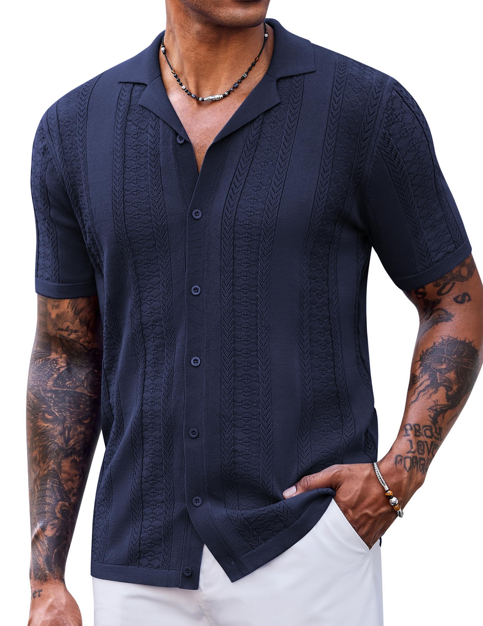 COOFANDY Men's Knit Shirts Vintage Short Sleeve Button Down Shirt Casual Summer Beach Shirt