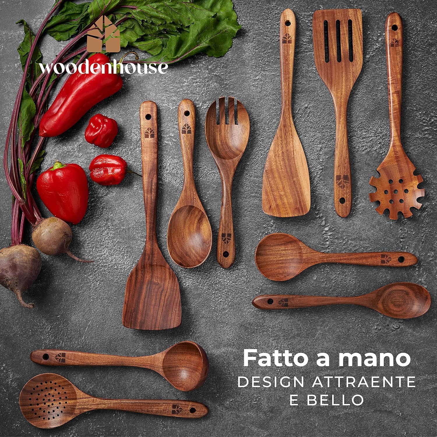 Set Utensili Cucina in Legno 10 Pezzi - Spatola Cucina e Cucchiai Legno, Accessori Cucina Fatti a Mano, Utensili Cucina Robusti e Leggeri, Ideali per Pentole e Padelle Antiaderenti, Antigraffio