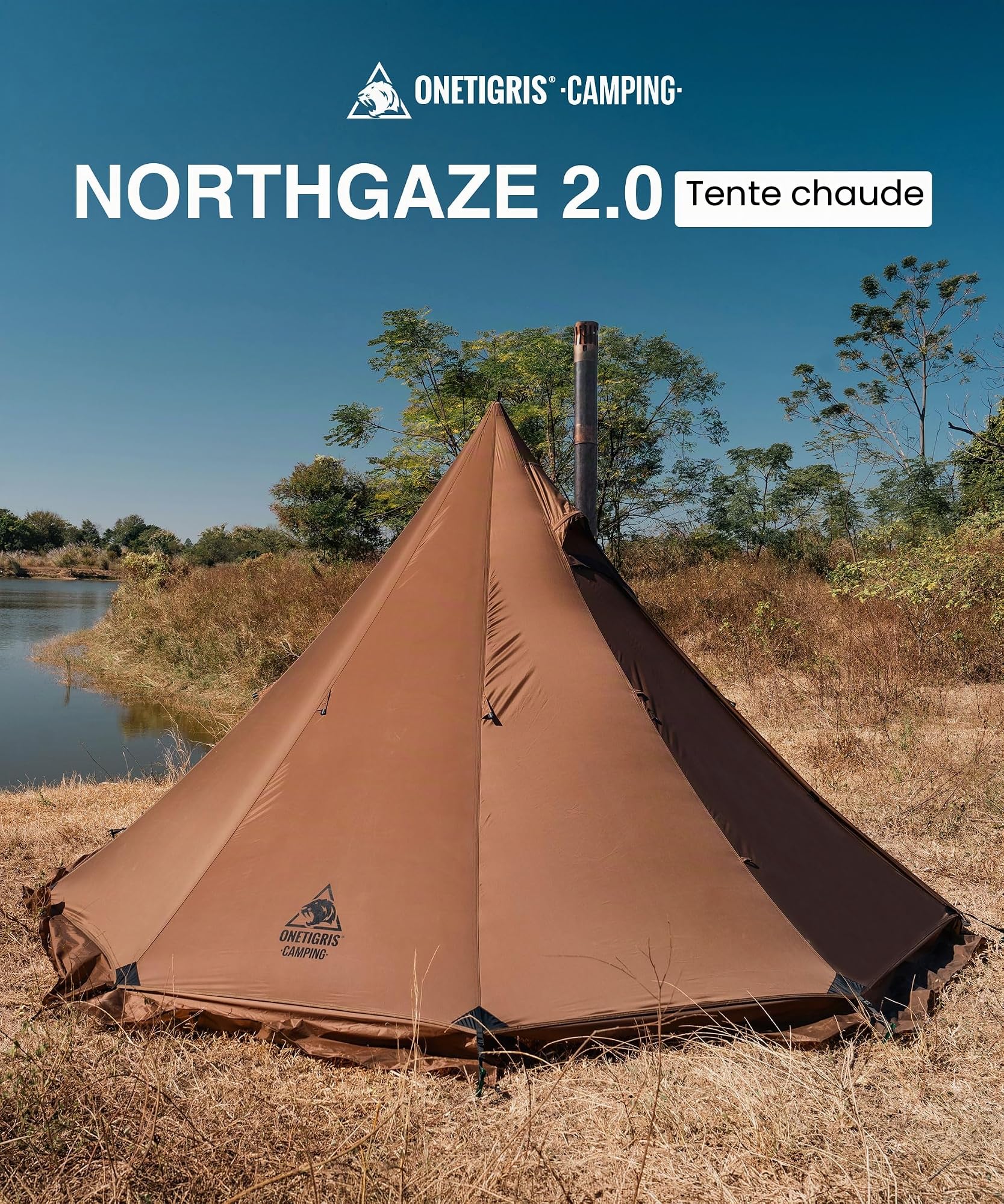 OneTigris NORTHGAZE 2.0 Tente tipi pour 2–4 personnes - Tente de camping extérieure avec ouverture pour poêle - Tente pour 4 saisons étanche 3000 mm - Tente pyramidale (Nylon)