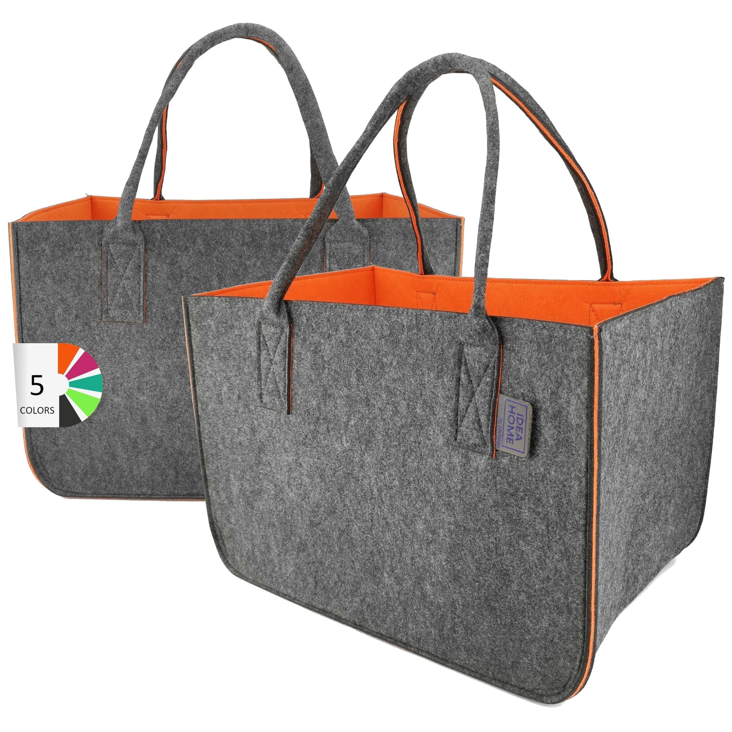 LEVIATAN Felt Bag 2 Pieces Shopper Large 30 Litre Shopping Bag XXL Foldable Shopping Basket Firewood Bag Clothes Basket Toy Bag Dark Grey/Orange XL