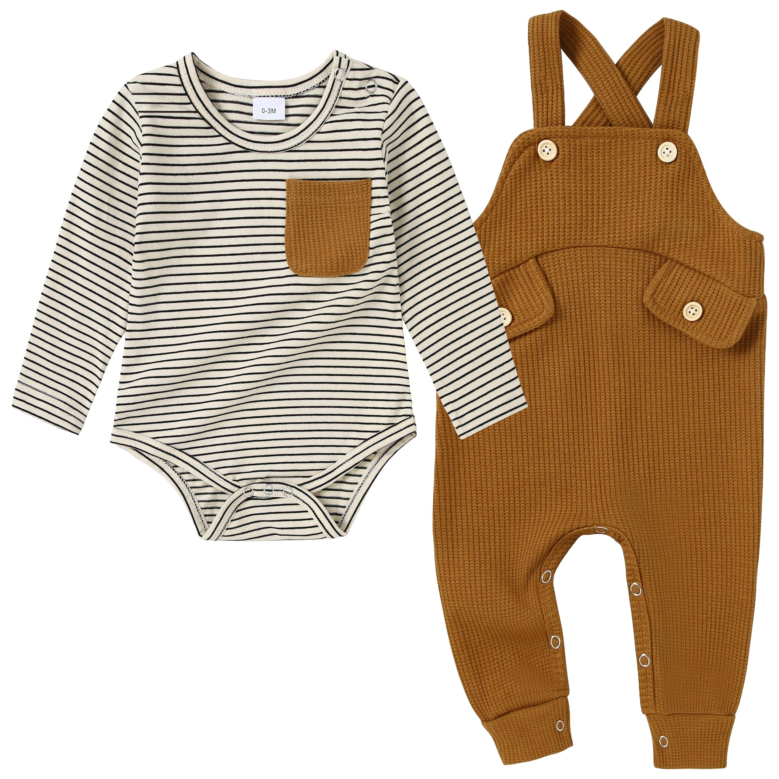 CARETOONewborn Baby Boy Clothes Infant Boy Romper Fall Winter Outfits Bodysuit 2Pcs Striped Long Sleeve Top Overalls 0-18M