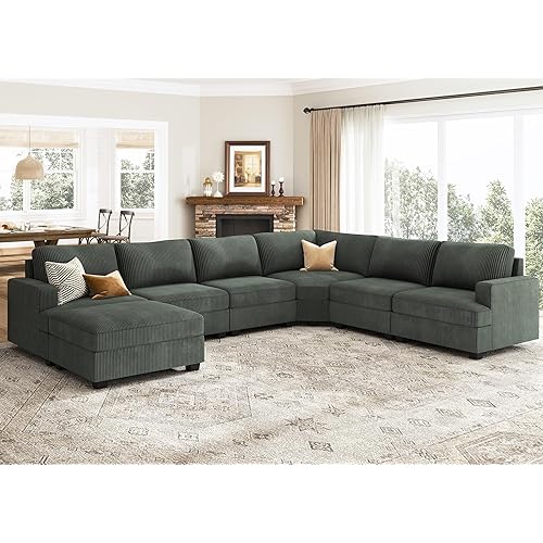 Nolany Modular Sectional Couch with Storage Ottoman, Corduroy Sectional Sofa with Chaise, U Shape Sectional Couches for Living Room, Green