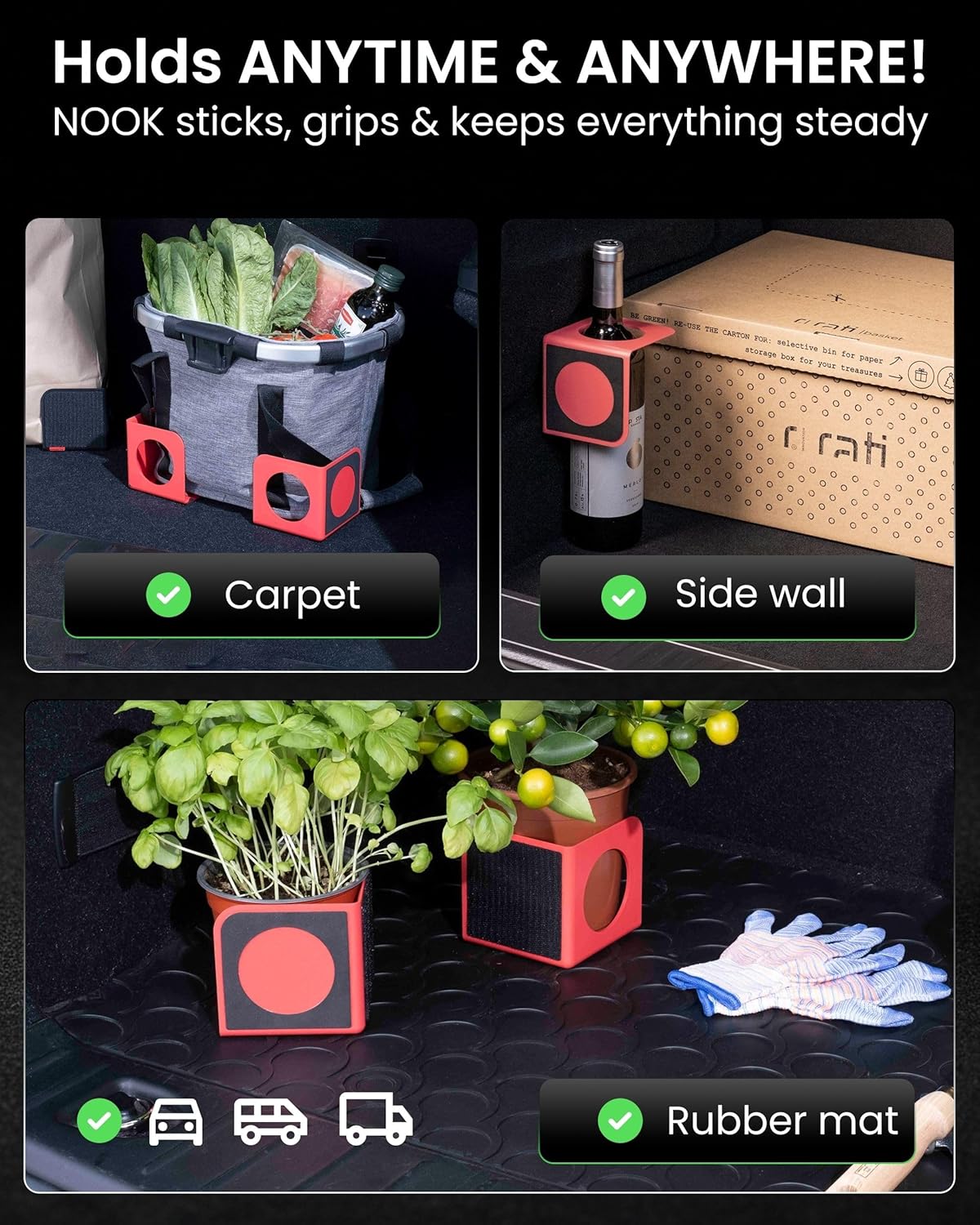 rati Nook Trunk Organizer Blocks for Cars and SUVs, Adjustable Cargo Dividers with Dual Grip Pads, Works on Carpeted and Plastic Trunks, Set of 2 Modular Stabilizers (Red)