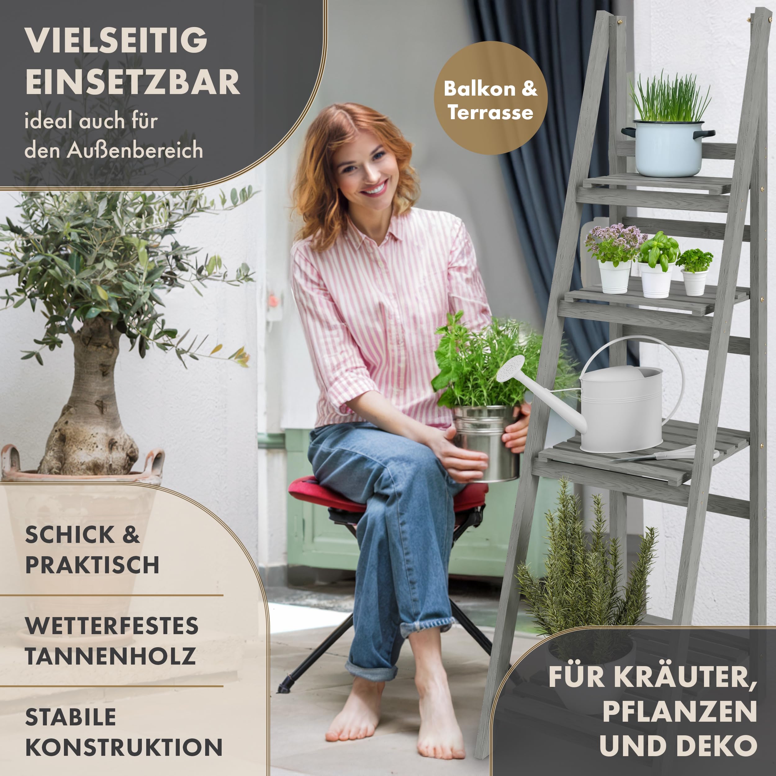 Blumenleiter 160cm Flower Ladder L 160x41x50cm hellgrau 4-Stufen - | Holz Leiterregal Blumentreppe Blumenregal Pflanzentreppe Kräuterregal für innen & draußen Balkon Terrasse Outdoor klappbar