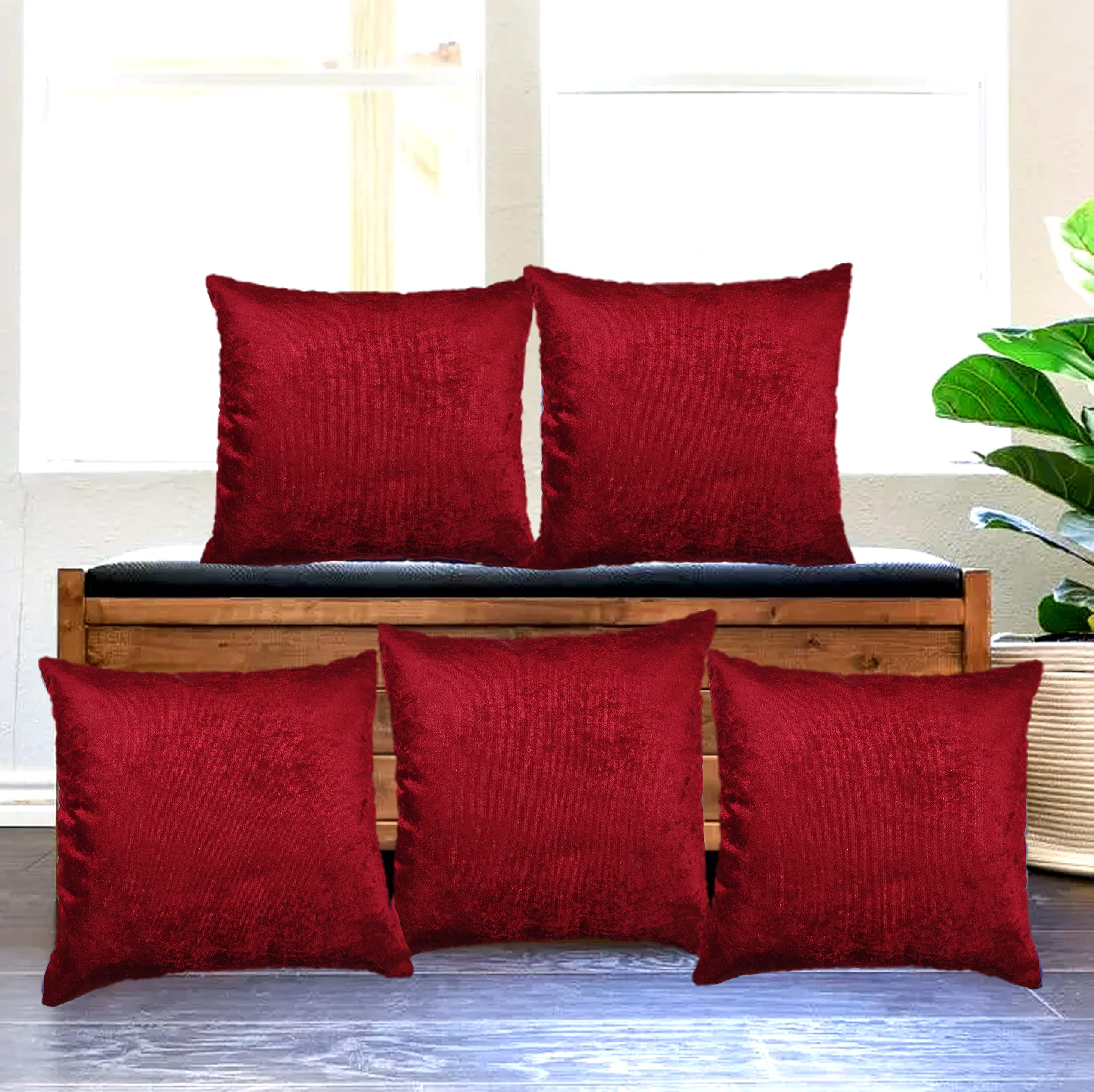 MJ HOMES Sparkle Plain Velvet Cushion Cover, Set of 5 (12x12 Inch Or 30x30 cm)-Maroon.-image-49