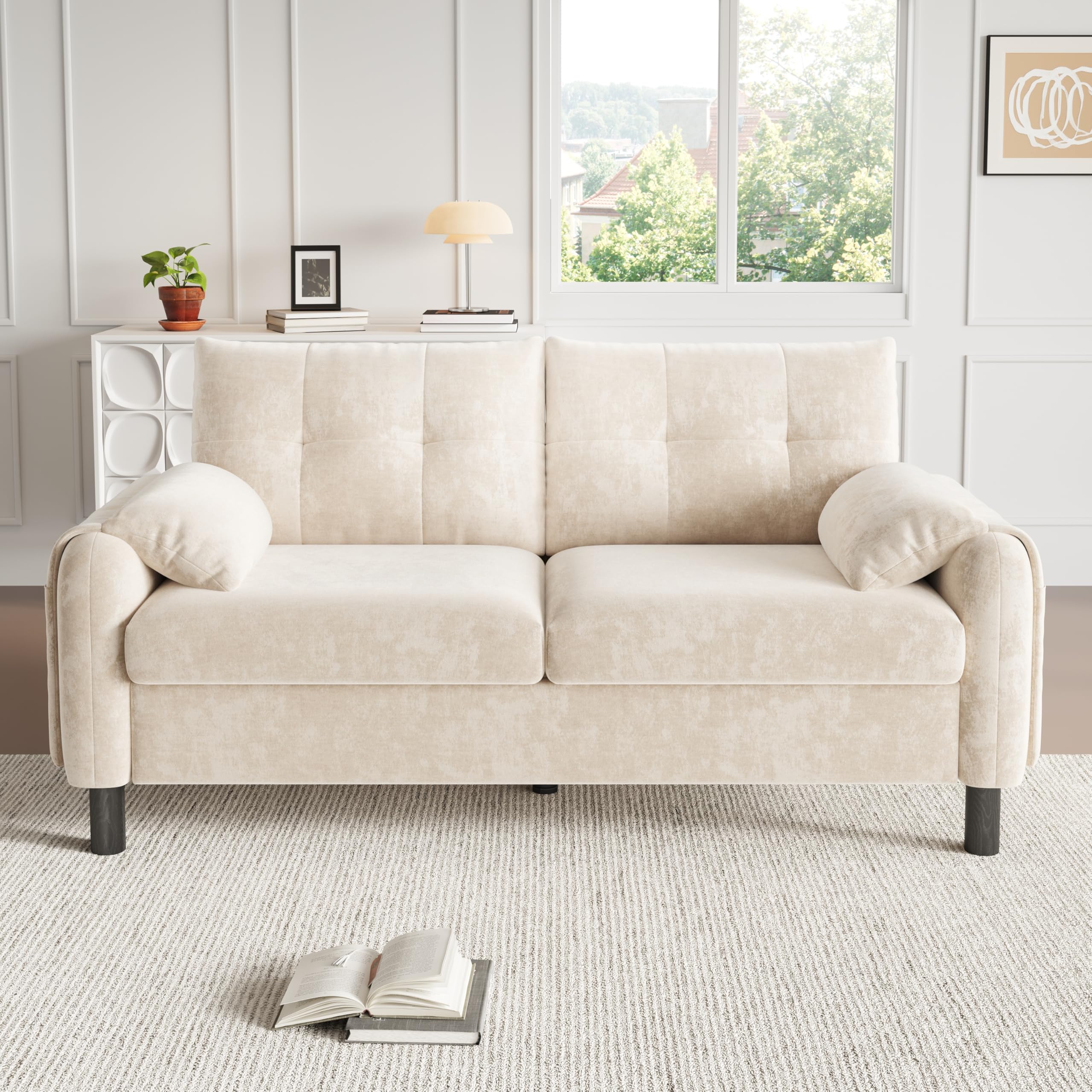 Sofá moderno de 2 plazas tapizado de tela de chenilla con cojines gruesos, sofá para salón, dormitorio, apartamento pequeño, tapizado en color beige