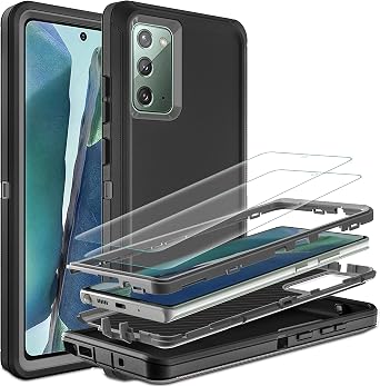 for Note 20 Case, Galaxy Note 20 Case with Self Healing Flexible TPU Screen Protector [2 Pack], 3 in 1 Full Body Shockproof Heavy Duty Protection Case for Samsung Note 20 Black/Grey