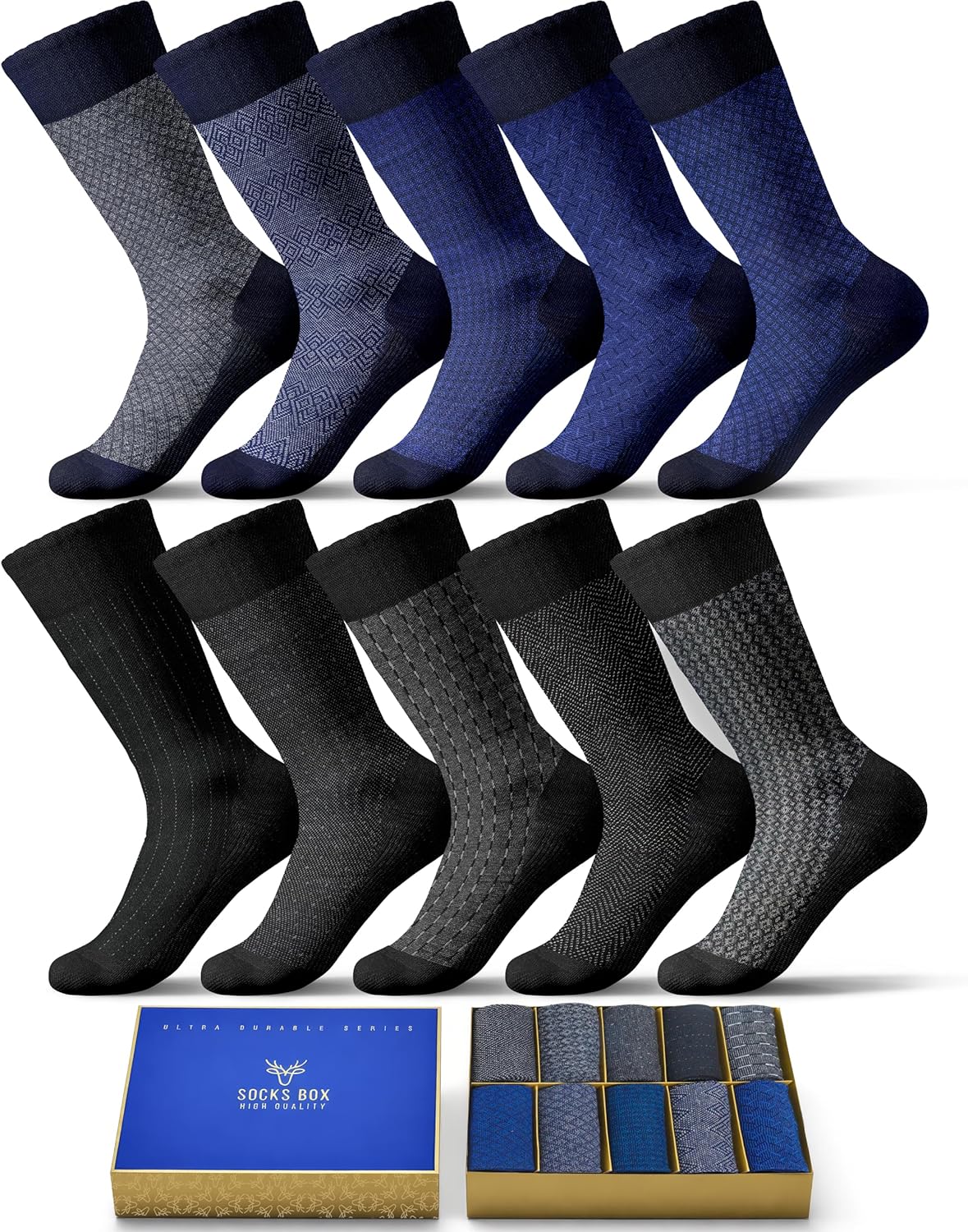 Mens Dress Socks, Premium Bamboo Rayon Socks for Men, Patterned, Elegant Design, 5/10 Pack, Gift Box
