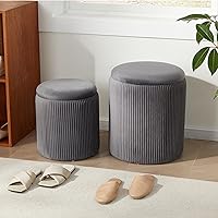 Vista 9 de Royal Windsor Juego de 2 otomanas redondas con almacenamiento, taburete de tocador con almacenamiento para dormitorio, mesa de centro otomana