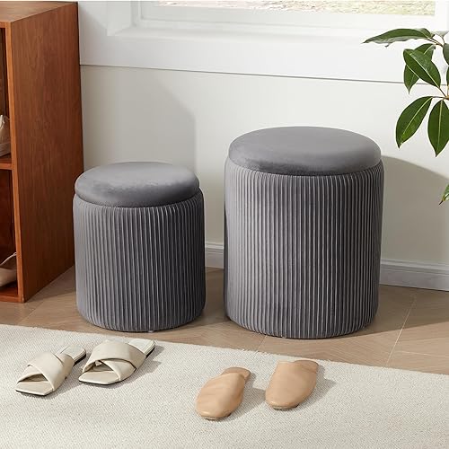 Miniatura 9 de Royal Windsor Juego de 2 otomanas redondas con almacenamiento, taburete de tocador con almacenamiento para dormitorio, mesa de centro otomana,