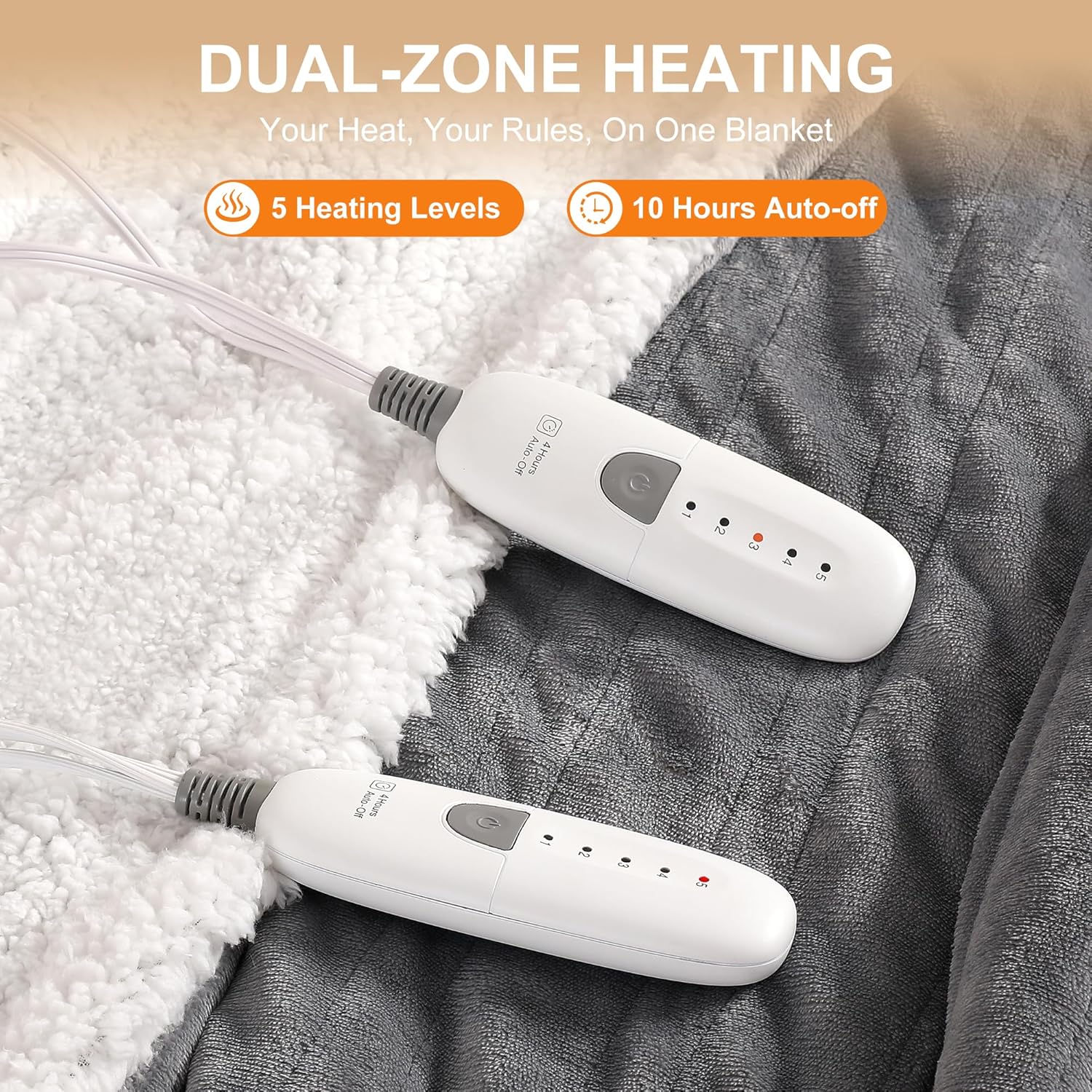 Heated Blanket King Size Electric Blanket 100''X90'' - Fast Heating Blanket Ultra Soft Sherpa, Dual Controllers with 5 Heat Levels & 10 Hrs Timer, Machine Washable Queen Heated Blanket(Gray) - Image 4