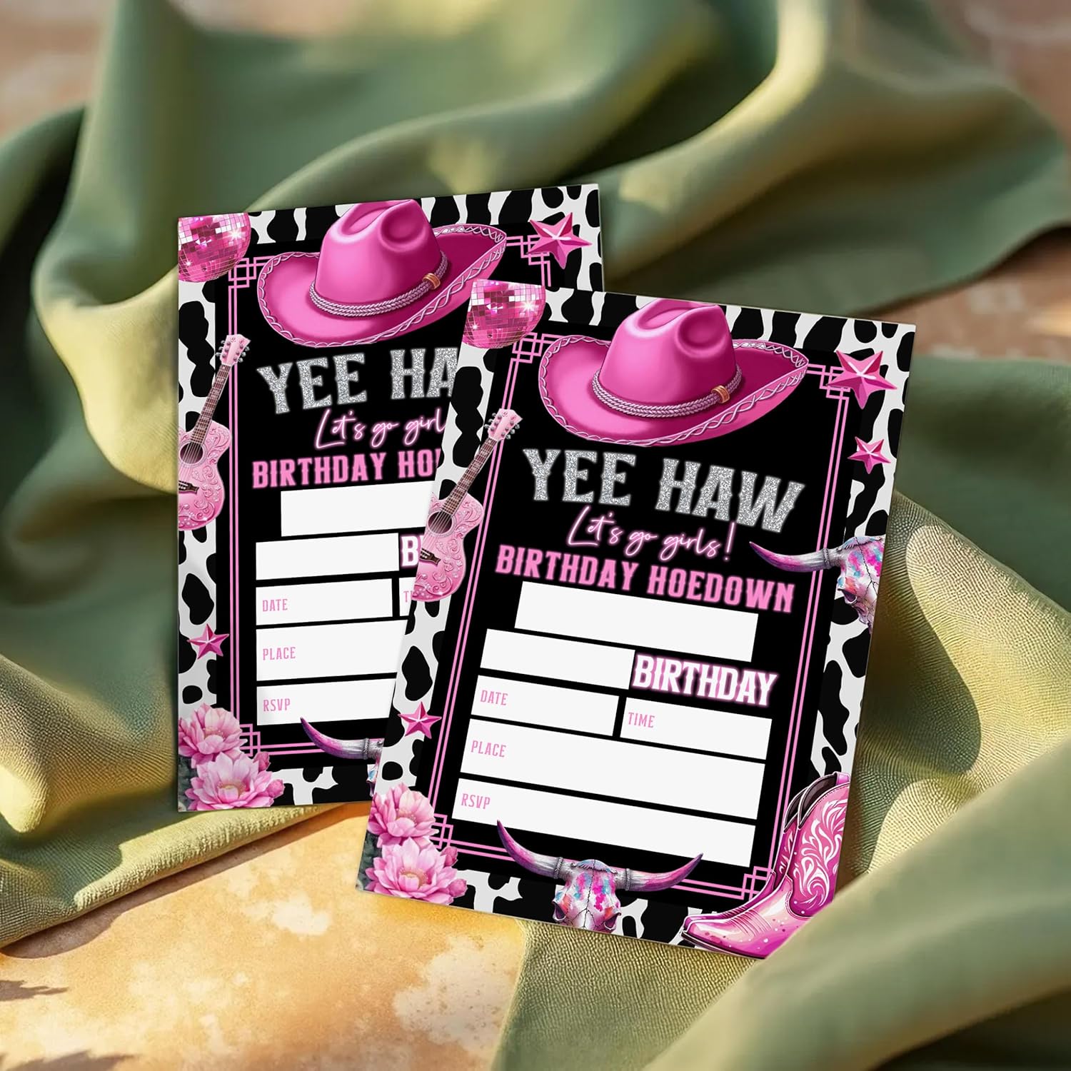 ピンクカウガール誕生日招待状、ウェスタンカウガール ロデオディスコパーティー招待状 女の子/男の子/子供向け 誕生日招待状20枚 封