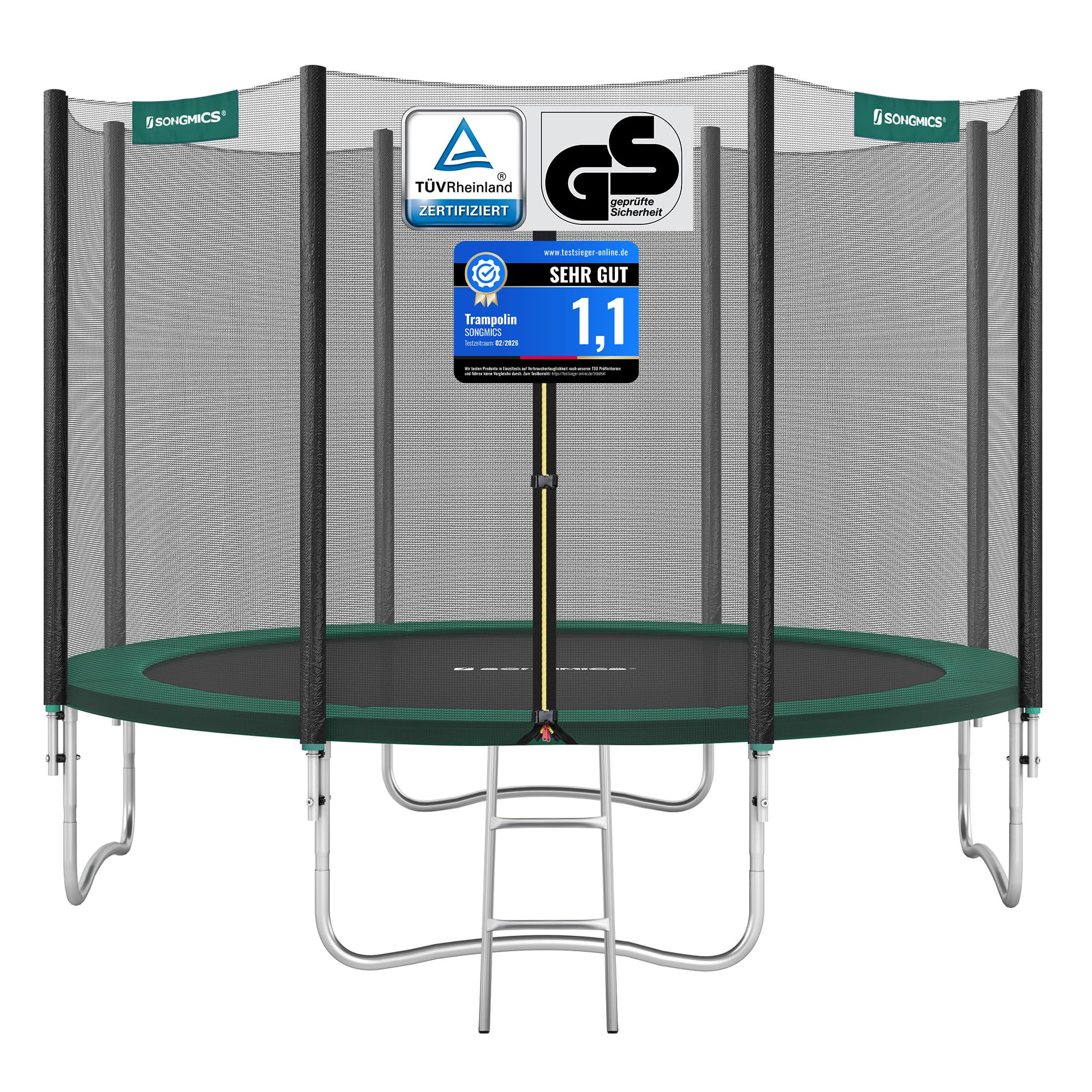 SONGMICS Trampolin Outdoor Ø 183/244/305/366/427 cm, rundes Gartentrampolin Kindertrampolin mit Randabdeckung, mit Sicherheitsnetz, mit Leiter und gepolsterten Stangen