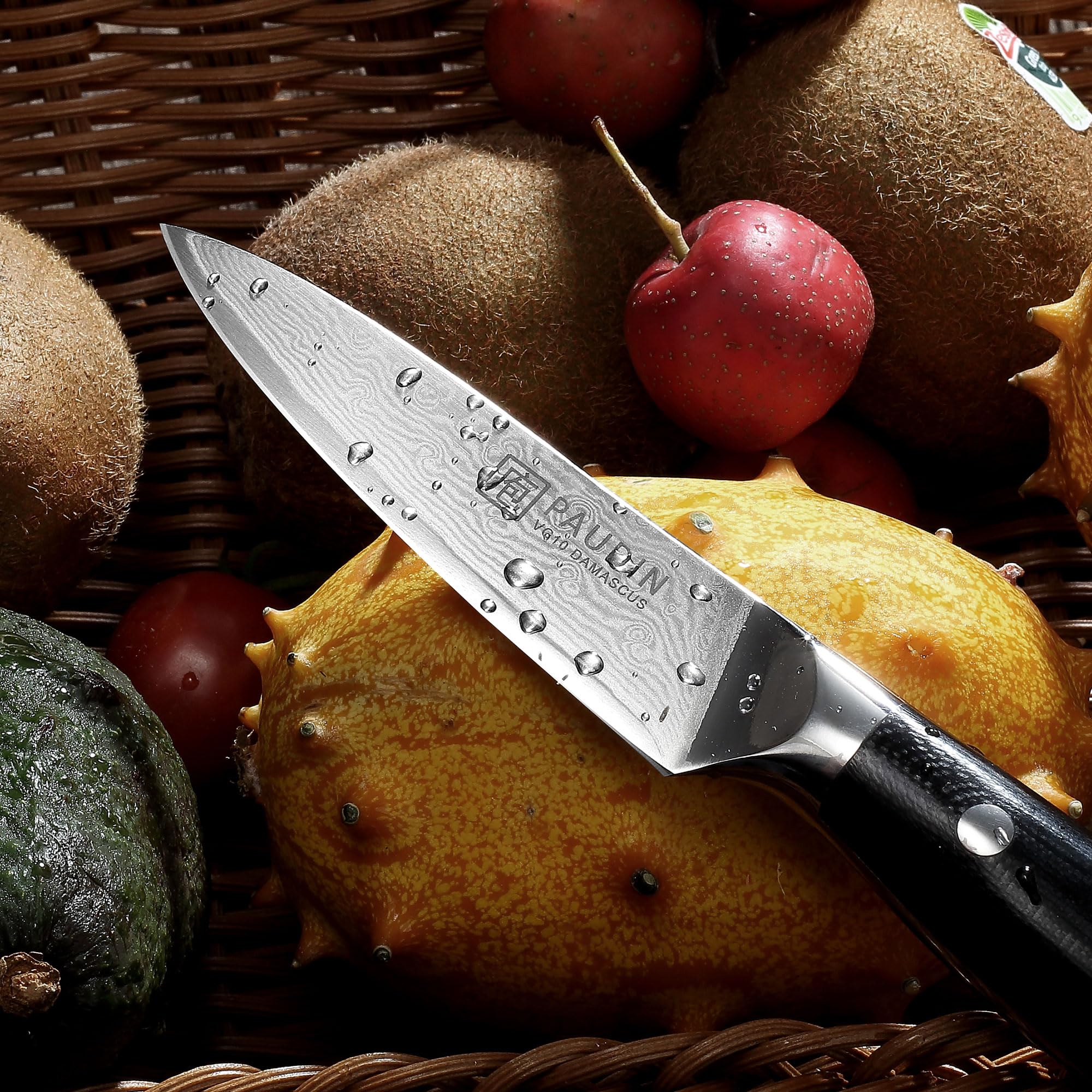 PAUDIN Damastmesser 9 cm – Gemüsemesser Schälmesser Obstmesser – VG10 Profi-Küchenmesser mit schwarzem ergonomischem G10-Griff