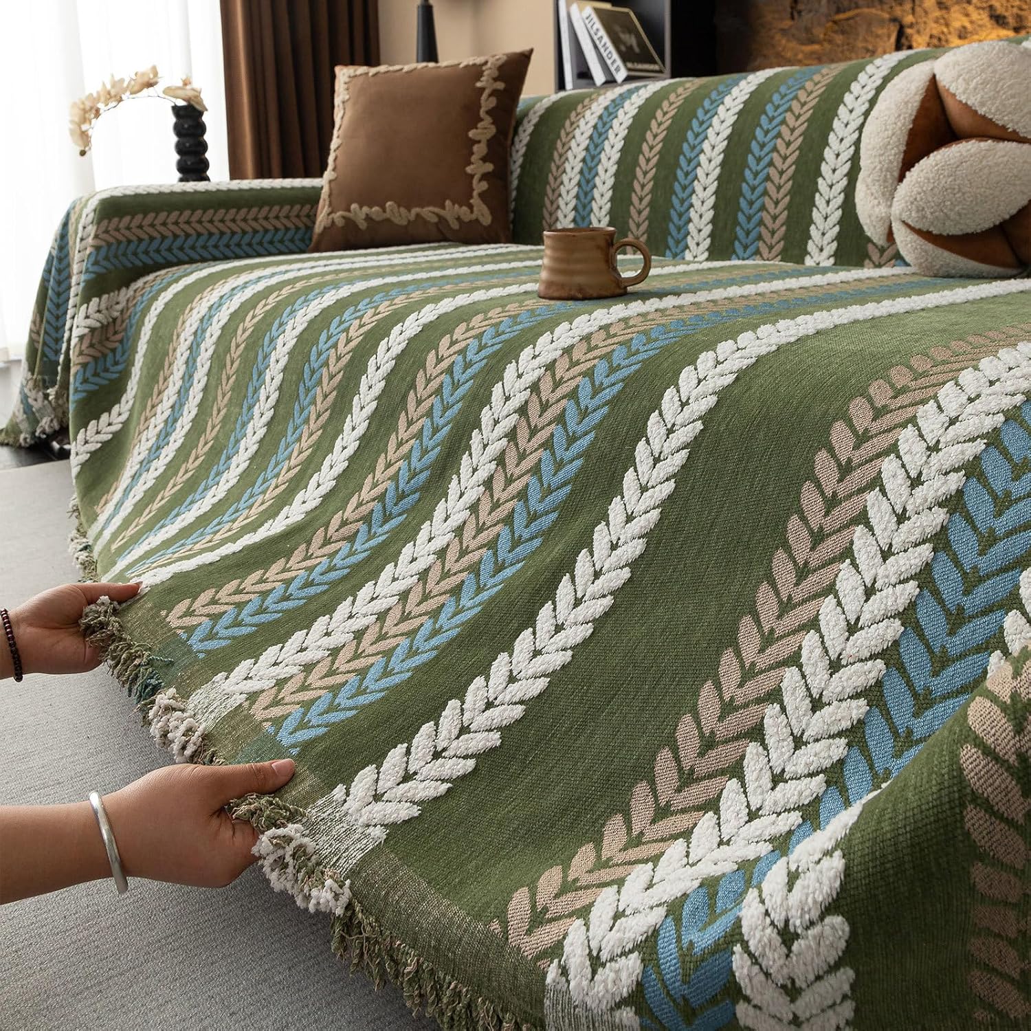 STACYPIK Green Striped Couch Covers for Sofa, Retro Jacquard Sofa Covers for 2 Cushion Couch, Chenille Furniture Loveseat Sectional Pets Couch Protector Slipcover for Living Room Washable-71X118IN