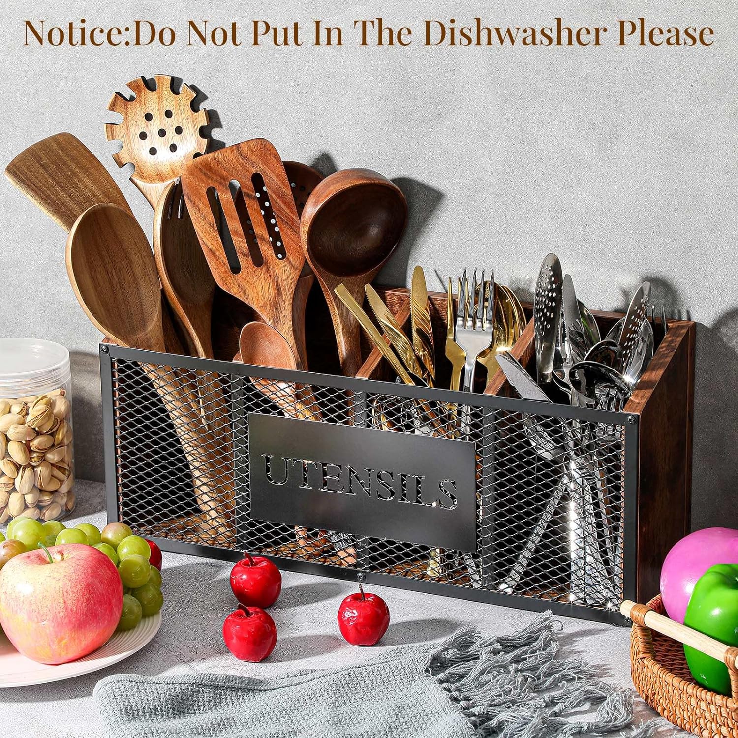 Yalikop Extra Large Kitchen Utensil Holder Wooden with 4 Compartments, Utensil Organizer for Countertop, Cooking Silverware Storage for Rustic Kitchen Countertop Holder Farmhouse Cooking Container